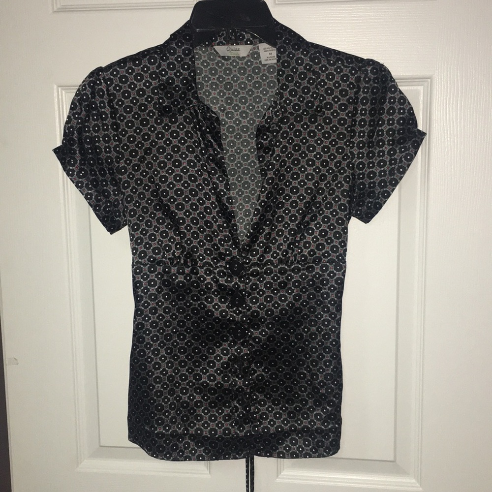 Polka Dot and Patterned V-neck Button Down Blouse